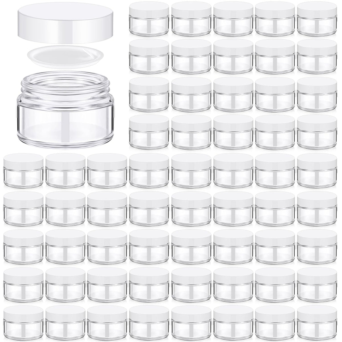 Domensi 100 Pcs 1 oz Glass Jars with Lids Bulk Round Glass Cosmetic Jars Lids 1 oz Small Travel Containers with Inner Liner for Lotions Powders Ointments Sample Cream(Clear, White)
