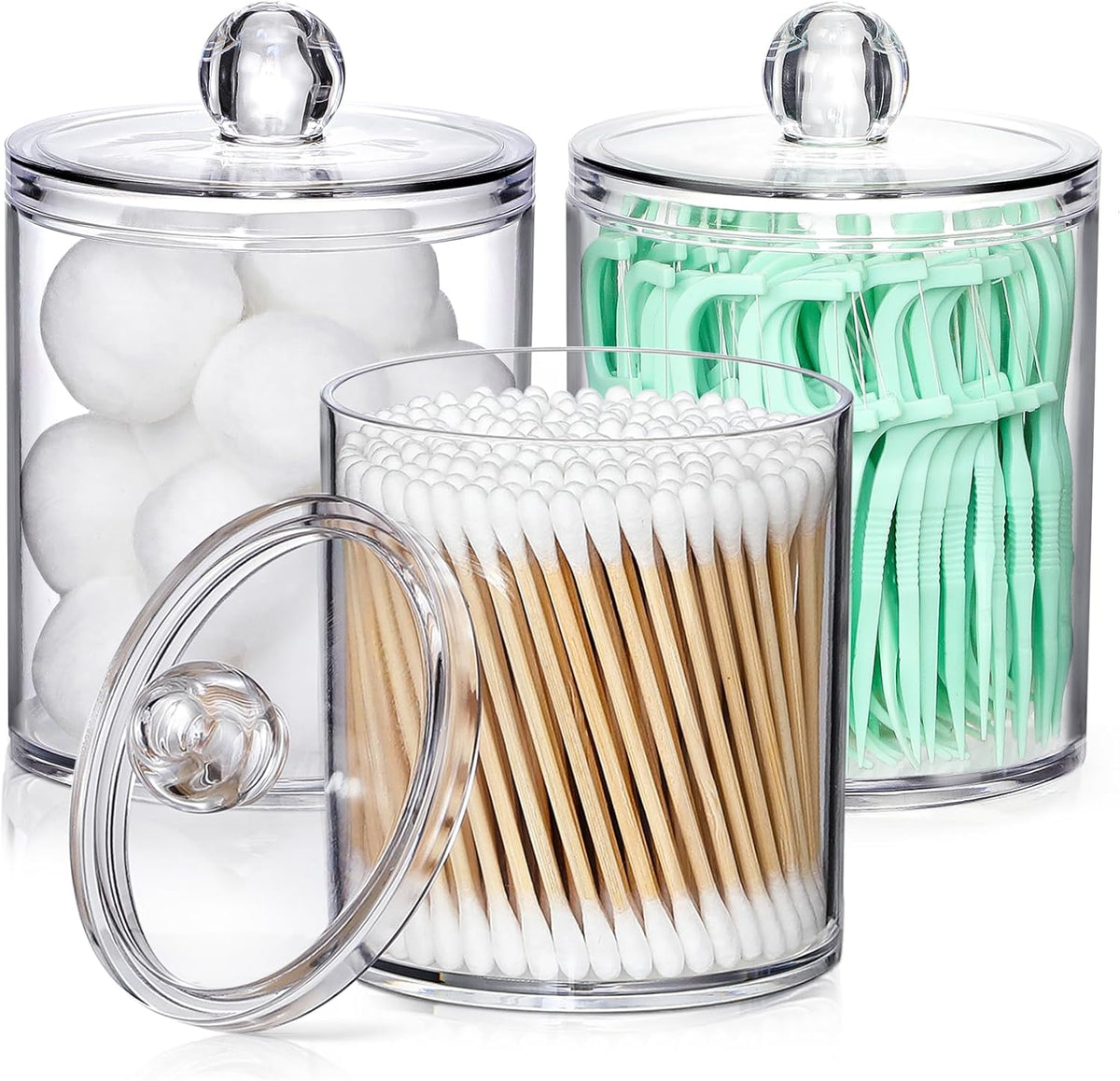 AOZITA 3 Pack Acrylic Qtip Holder Dispenser for Cotton Swab, Ball, Round Pads, Floss Picks - 10 oz Clear Plastic Apothecary Jar Set for Bathroom Canister Storage Organization, Vanity Makeup Organizer