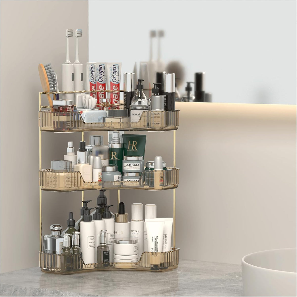 Corner Bathroom Counter Organizer with Top Toothbrush Holders, 3-Tier Make Up Organizers for Vanity with Brush Holder, Corner Storage for Bathroom, Kitchen, Dresser