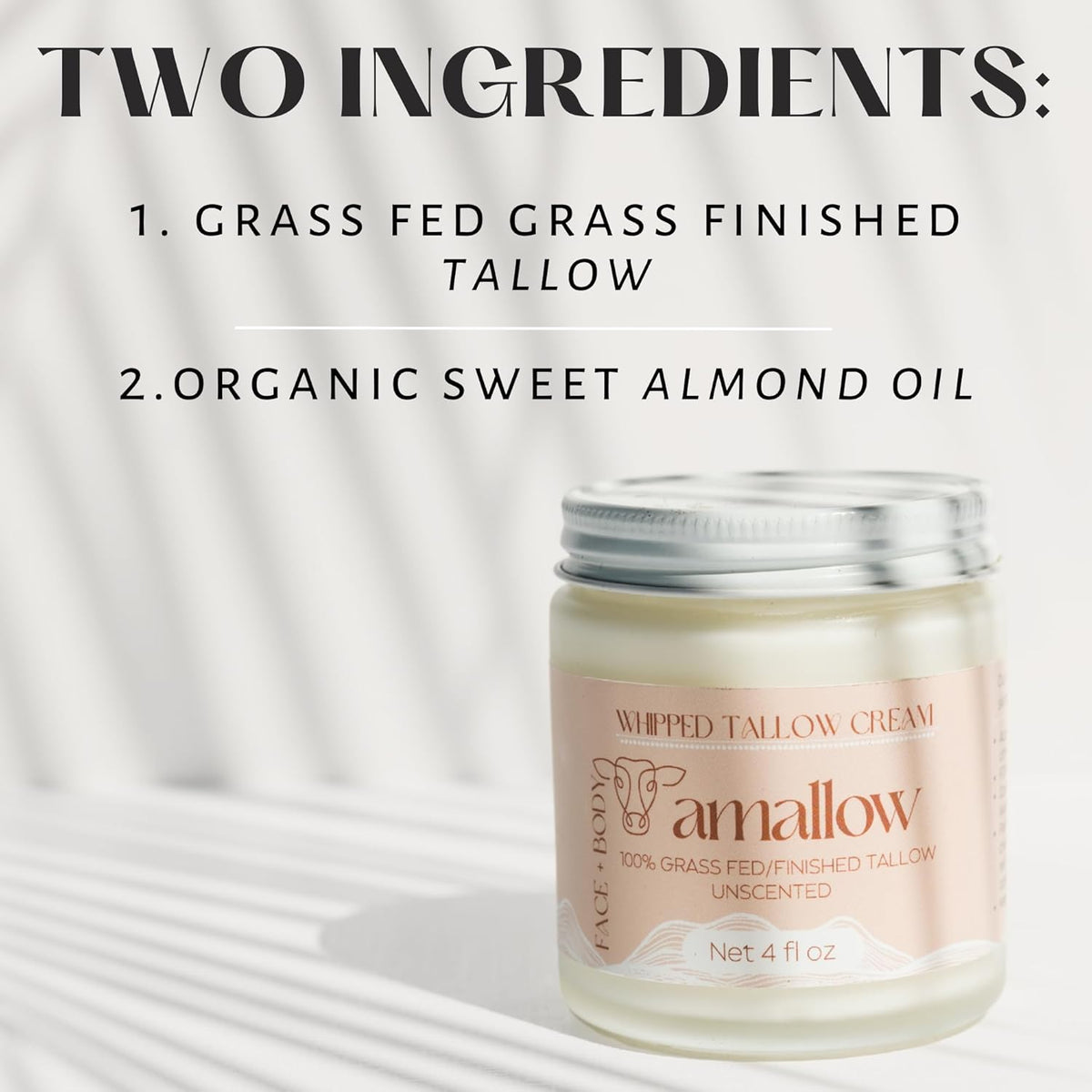 Amallow 100% Grass Fed Beef Tallow for Skin Care - Face + Body - Whipped Moisturizer for Sensitive Skin - Natural Lotion, 4 FL. oz. (Unscented)