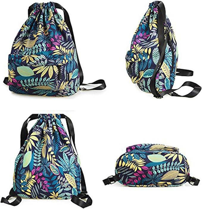 Gym Drawstring Backpack Water Resistant String Bag Nylon Cinch Sport Bag Leaf Sackpack
