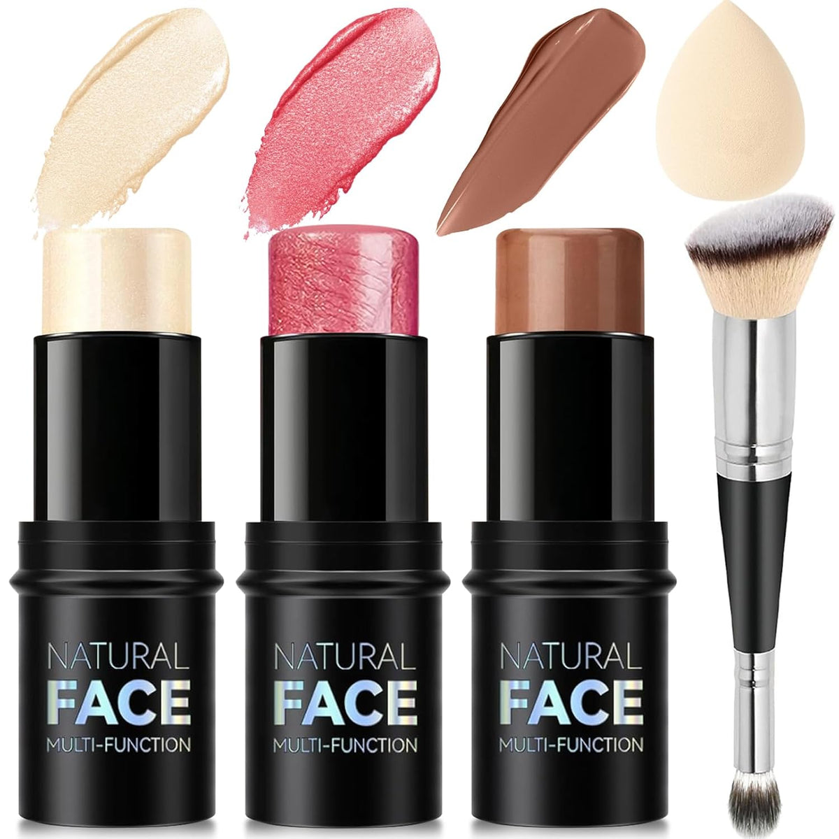 3Pcs Cream Contour Stick Makeup Kit, Shades with Highlighter, Blush and Bronzer Contour Stick for Sculpt the Cheeks, Long Lasting, Waterproof, Matte & Dewy Finish LIGHT(1+3+4)