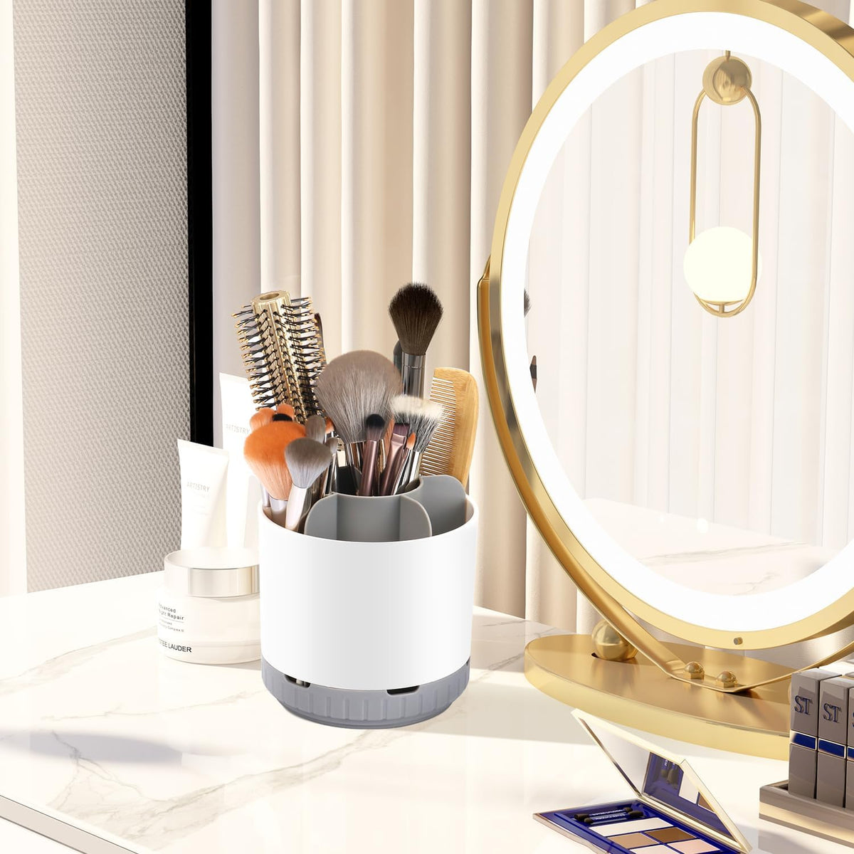 Toothbrush Holders for Bathrooms - White Rotating Kids Electric Toothbrush and Toothpaste Holder, Detachable 6 Slots Tooth Brush Organizer Bathroom Countertop Storage