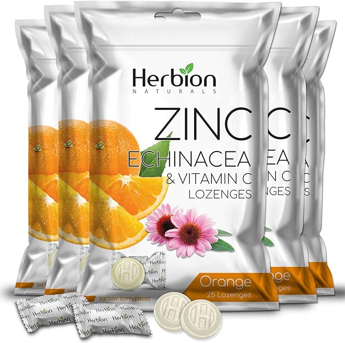 HERBION Naturals Zinc, Echinacea & Vitamin C Lozenges 25 CT - Dietary Supplement for Adults & Children 5+ - Promotes Wellness for The Whole Family (125 Count (Pack of 5), Orange)