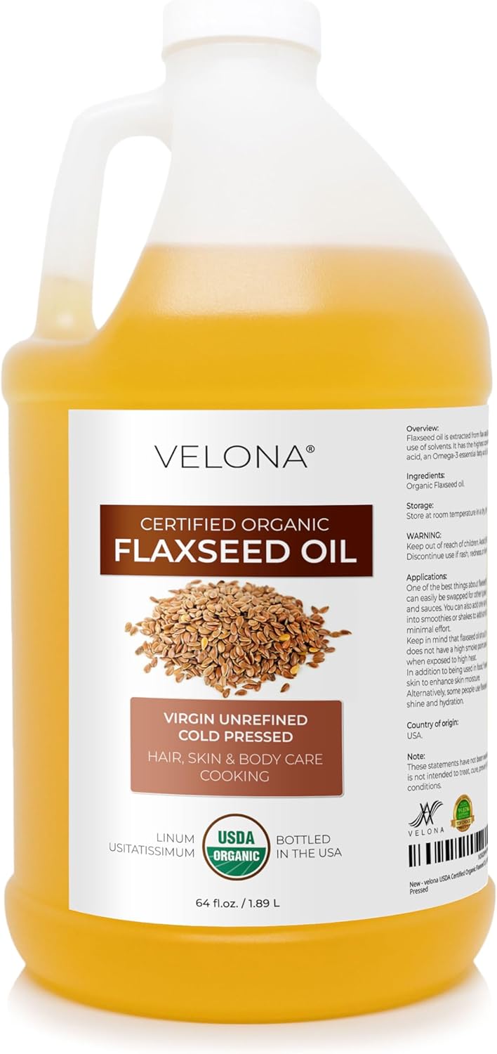velona USDA Certified Organic Flaxseed Oil - 64 Fl Oz | 100% Pure and Natural Carrier Oil | Unrefined, Cold Pressed |Body, Face & Skin Care | Use Today - Enjoy Results…