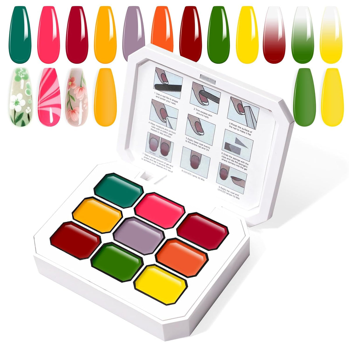 Gradient Painting Gel, 9 Bright Colors Ombre Gel Nail Polish for Pigment Pat Aura Nails French Ma nicure Soak Off UV Long-lasting No-wipe Home Salon DIY Nail Art Vegetable Salad