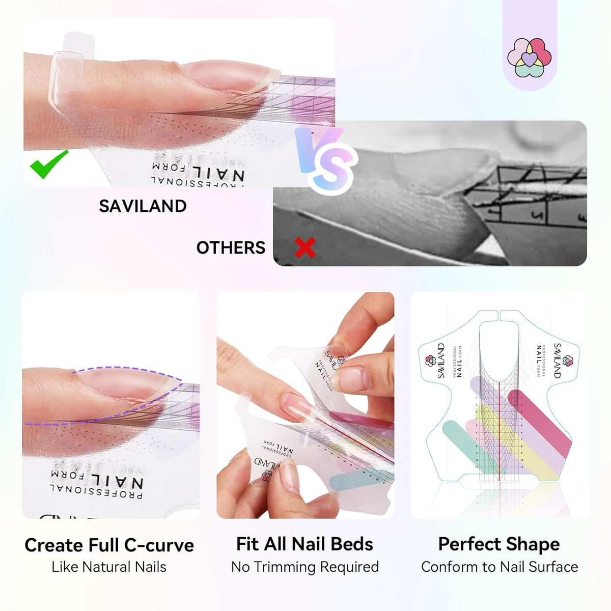 SAVILAND Plus Nail Forms: Reusable Sticky Nail Form for Builder Gel Super Adhesive Nail Extension Forms for Acrylic Nails with Precise Length Guide for Nail Art