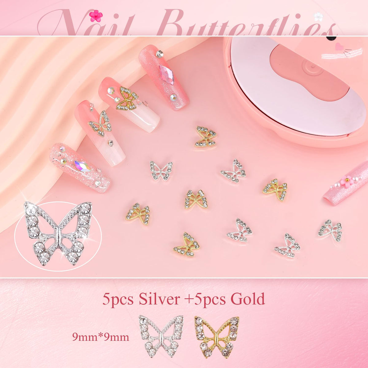 3D Nail Charms and Gems Set 12 with Rhinestone Glue, 10PCS Gold and Silver Chunky Butterfly Nail Charms, 3D Flowers for Nails, Flatback Crystals and Pearls + Picker Tool for Y2K Nail Decor