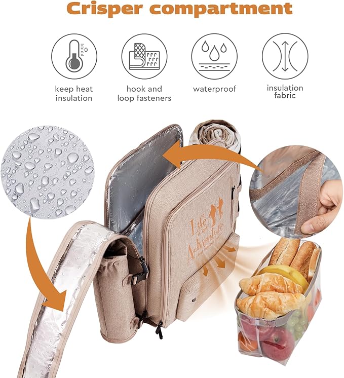 24L Insulated Picnic Basket Leak Proof Picnic Backpack for 2, Light Brown Camping Gifts, Cool Bridal Shower Gifts for Bride & Groom, Mr & Mrs, Anniversary Engagement Wedding for Newly Engaged Couples