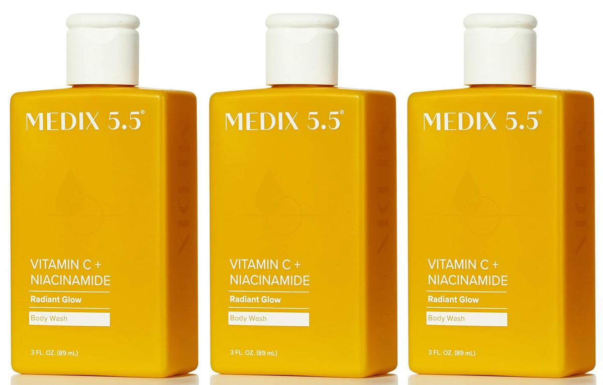 MEDIX Radiant Glow Vitamin C Body Wash W/Niacinamide | Citrus Scented Gentle Body & Face Cleanser For Women, Men, Dry Skin, & Smoother-Looking Skin | Removes Dirt, Oil, & Impurities, 3PC Travel Size