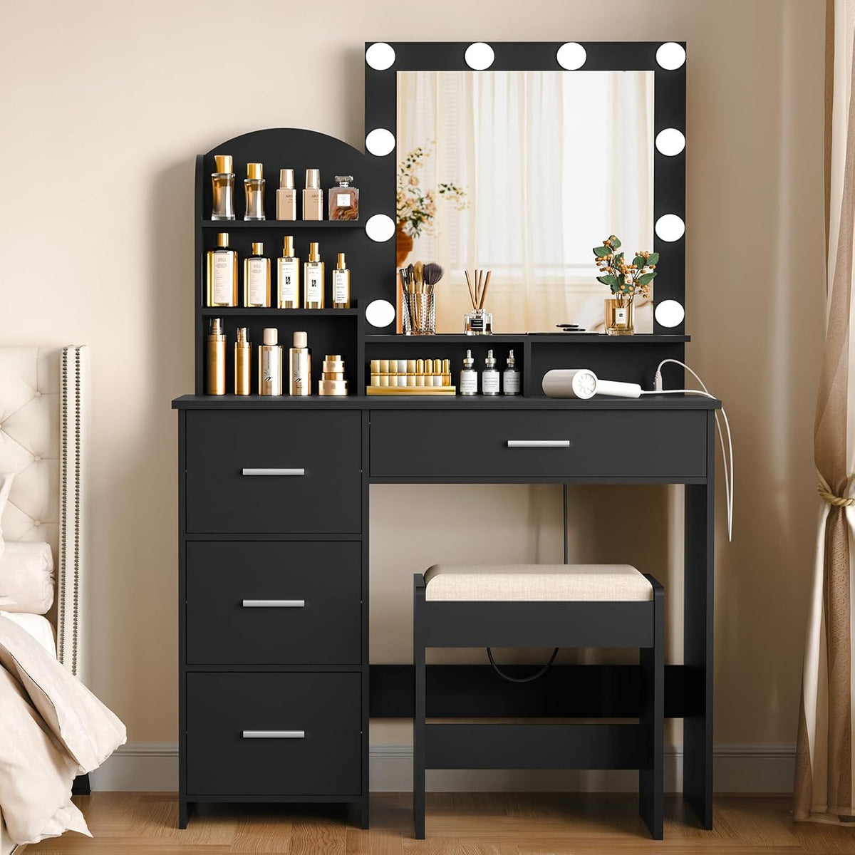 Quimoo Makeup Vanity with 10 Light Bulbs and Charging Station, Vanity Desk with Lighted Mirror & 4 Drawers, Vanity Table Set with Cushioned Stool, Black