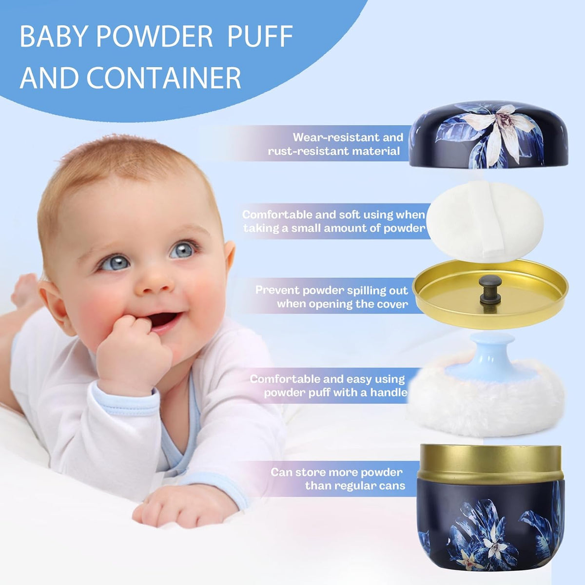 SHIMIDO Body Powder Puff and Container, 3.15" Portable Empty Body Powder Container for Baby Women's Loose Dusting Powder, Powder Case Box with Lids for Bath, Travel and Home Use (Dark Night)