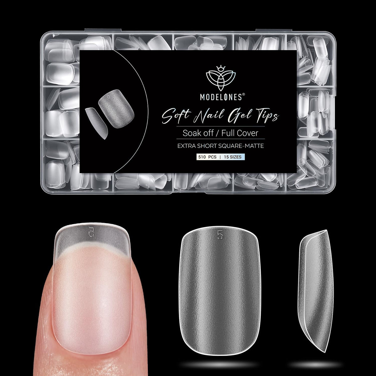 modelones Extra Short Square Fake Nail Tips - 510Pcs Full Matte Gel Tips Pre-shaped Full Cover Clear Acrylic Gel Kit False Press on Nails for Extension DIY Salon 15Sizes