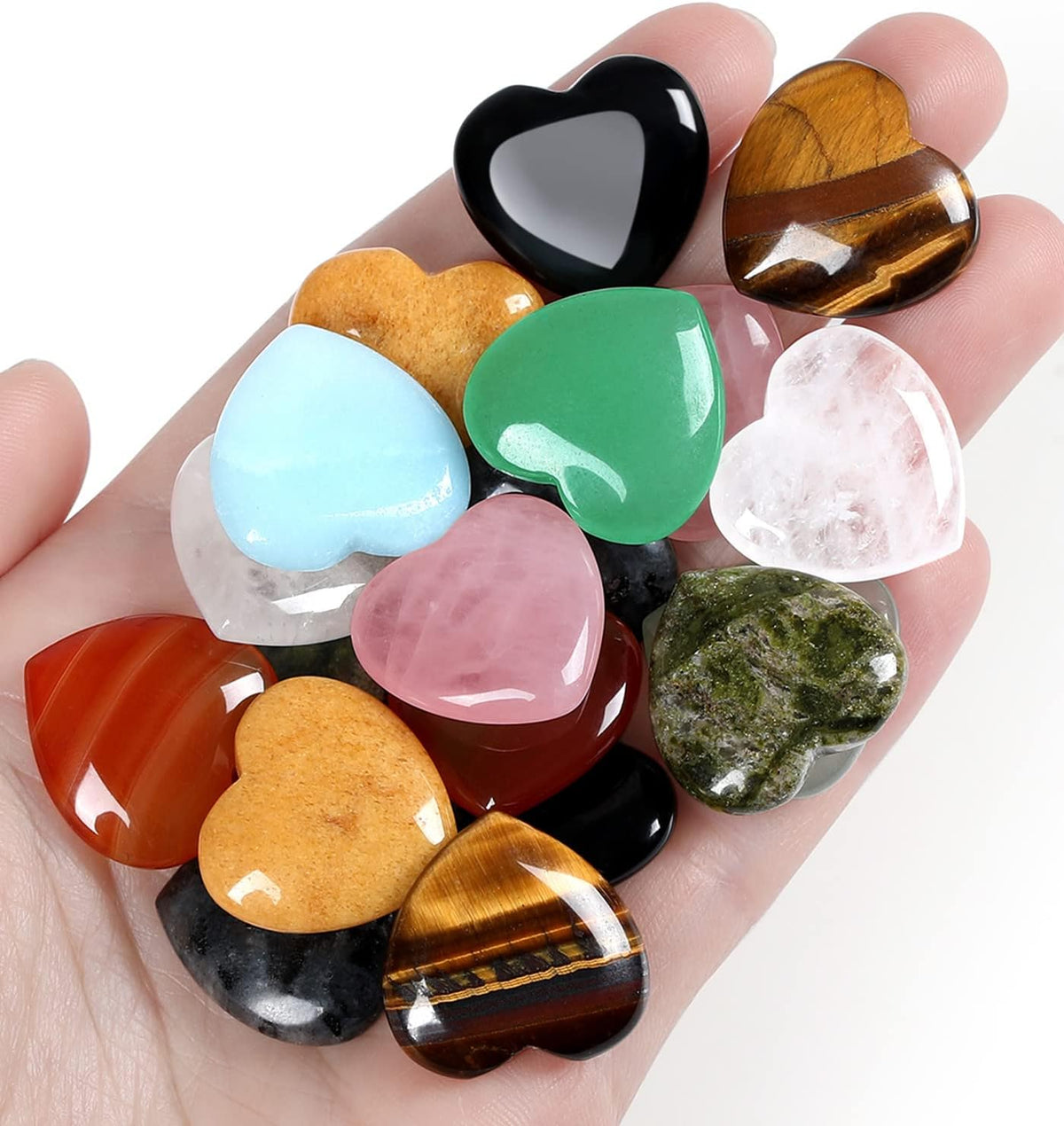 QINJIEJIE 10PCS Crystals Heart Healing Stones Rose Quartz Amethyst Polished Love Stone Palm Natural Gemstones Set Wholesale Reiki Balancing Meditation 0.8" Crystal Gifts for Women