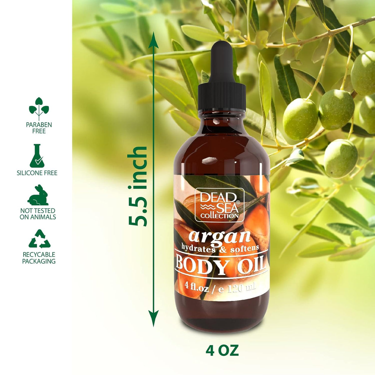 Dead Sea Collection Body Oil with Argan - Dry Skin Moisturizer and Hydrating Massage - Nourishing Bath Oil - Increase Skin Elasticity and Provide Anti-Aging Support for Face and Body (4 fl.oz)