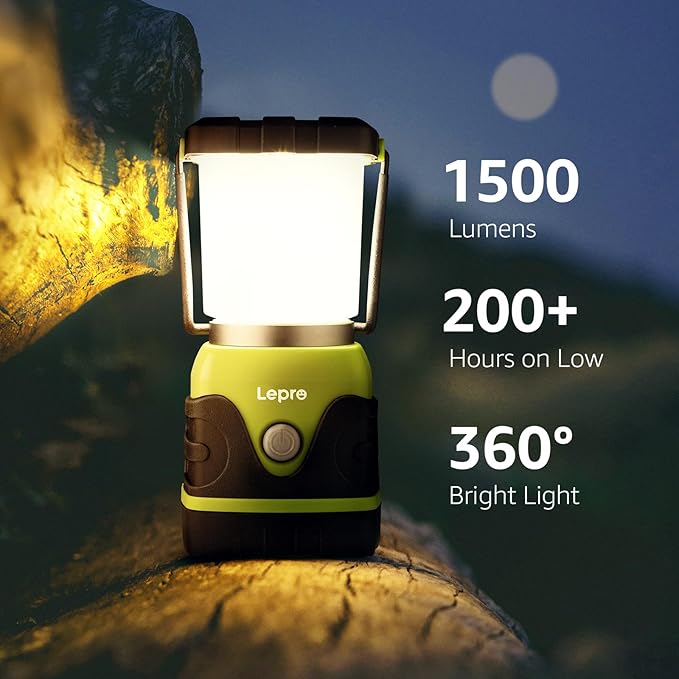 LE 1500LM Battery Powered LED Camping Lantern, Waterproof Tent Light with 4 Light Modes, Camping Essentials, Portable Lantern Flashlight for Camping, Emergency Light, Power Outages, Not Rechargeable