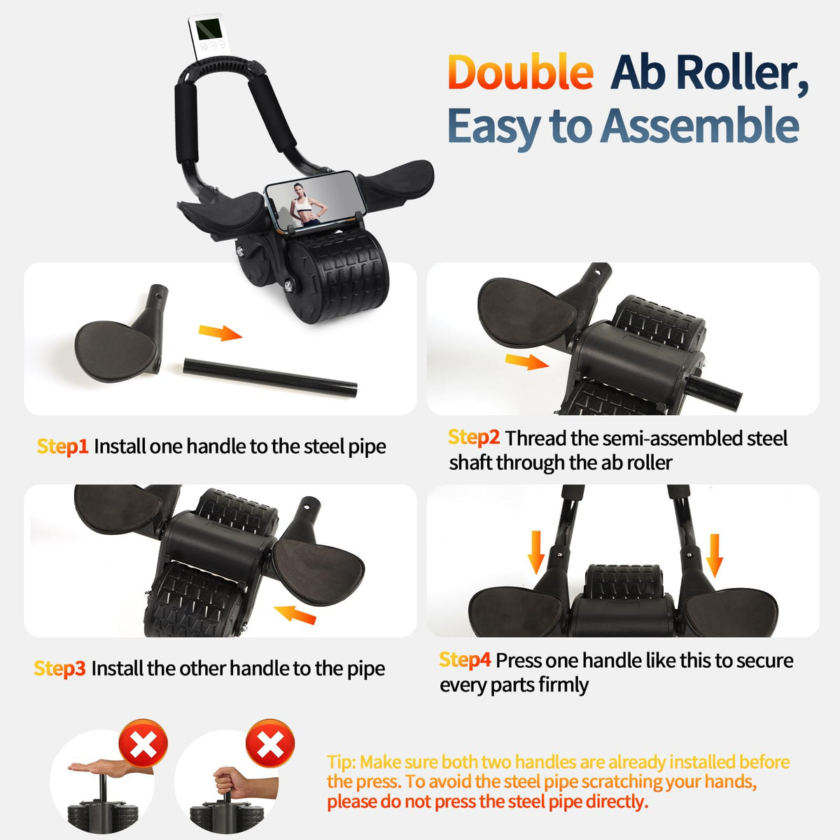 Tixahi Ab Roller Wheel，with Timer Automatic Rebound Abdominal Wheel，Elbow Support Abs Roller Wheel Core Exercise Equipment (Black)