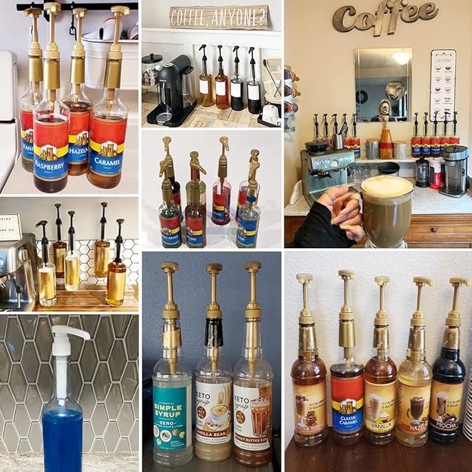 12 Pcs Syrup Pumps Dispenser, Compatible with 25.4 Oz/750ml Bottles, Great for Home & Coffee Bar Drinking Mixes, Tea, Beverage, Cocktails, Plus Spoons(Gold 5.23")
