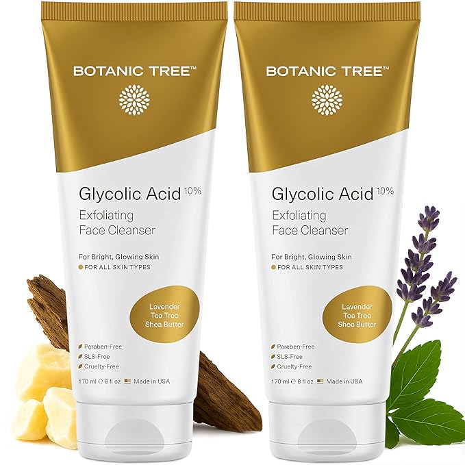 Botanic Tree Glycolic Acid Face Wash - Facial Cleanser For Skin Care, Treatment Scrub, 10% Glycolic and Salicylic Acid 6 fl. oz (2 pack)