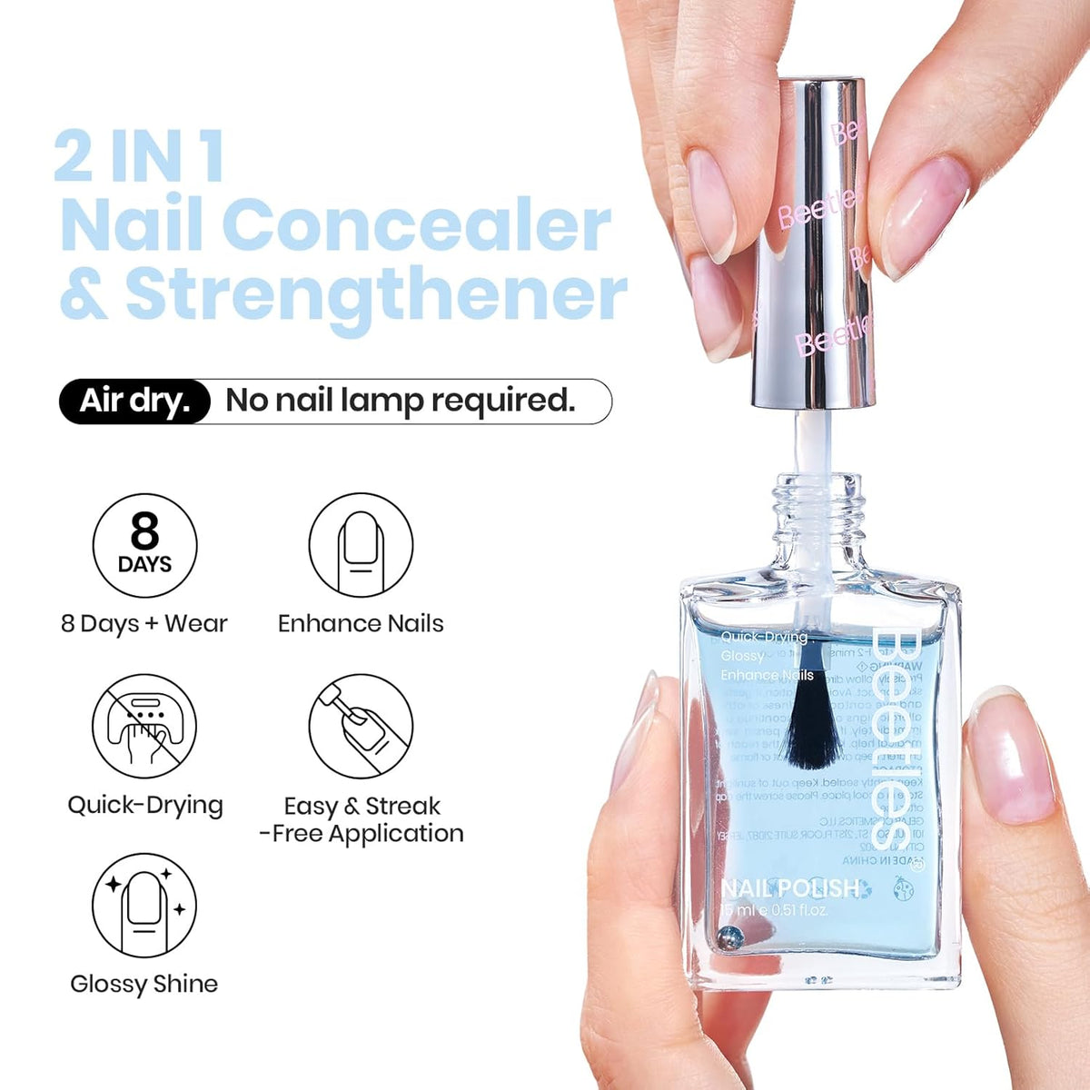 Beetles Nail Strengthener - Oceanic Blue Nail Concealer Air Dry Natural Nail Strengthener and Growth for Damaged Thin Nails Repair Weak Nails Fingernail Strengthening Women Gift 0.51 FL OZ
