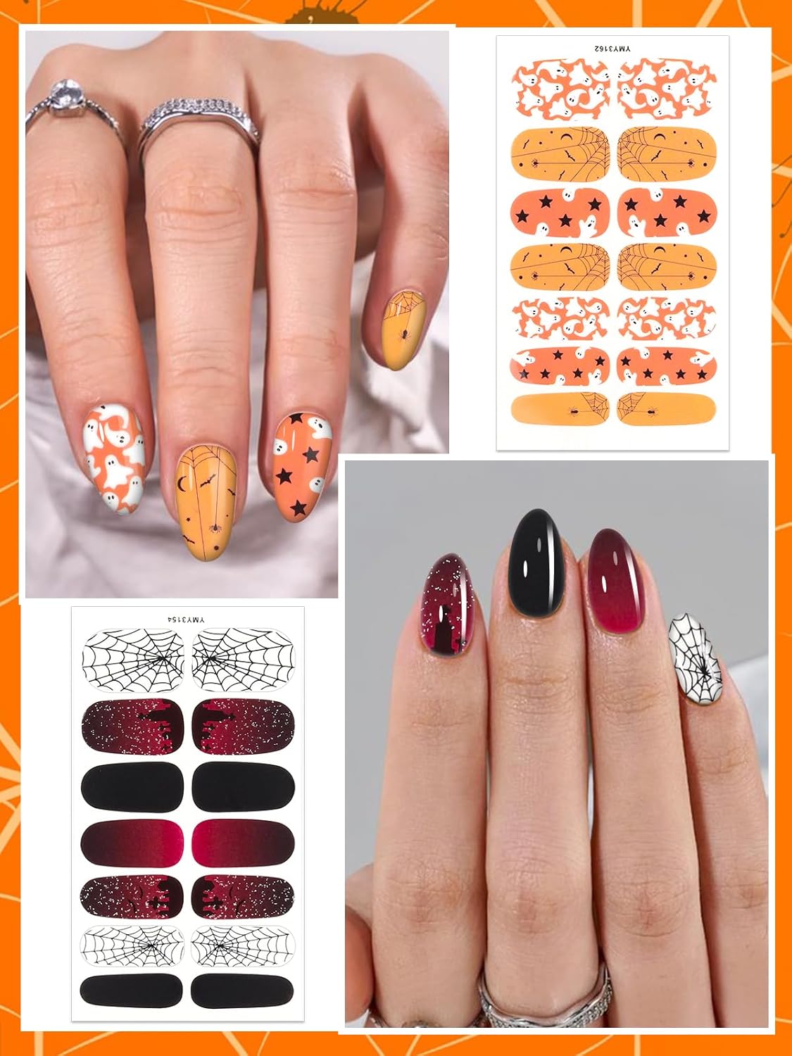 EBANKU 14 Pcs Halloween Full Wrap Adhesive Nail Polish Stickers, Cute Ghost Bats Spider Webs Skeleton Nail Strips Wraps with Nail File for Halloween Party Decor