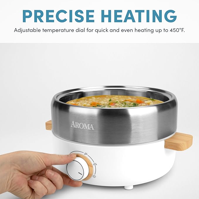 Aroma Housewares AMC-130 Whatever Pot, Indoor Grill, Cooking, Hot Pot with Glass Lid, Bamboo Handles, 2.5L, Stainless Steel/White
