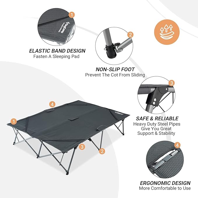 KingCamp 2 Person Queen Size Camping Cot, Folding Portable Double 550lbs Heavy Duty Oversized Large Wide XXL Foldable Sleeping Bed with Carry Bag for Two Adult Outdoor Travel Tent, Grey