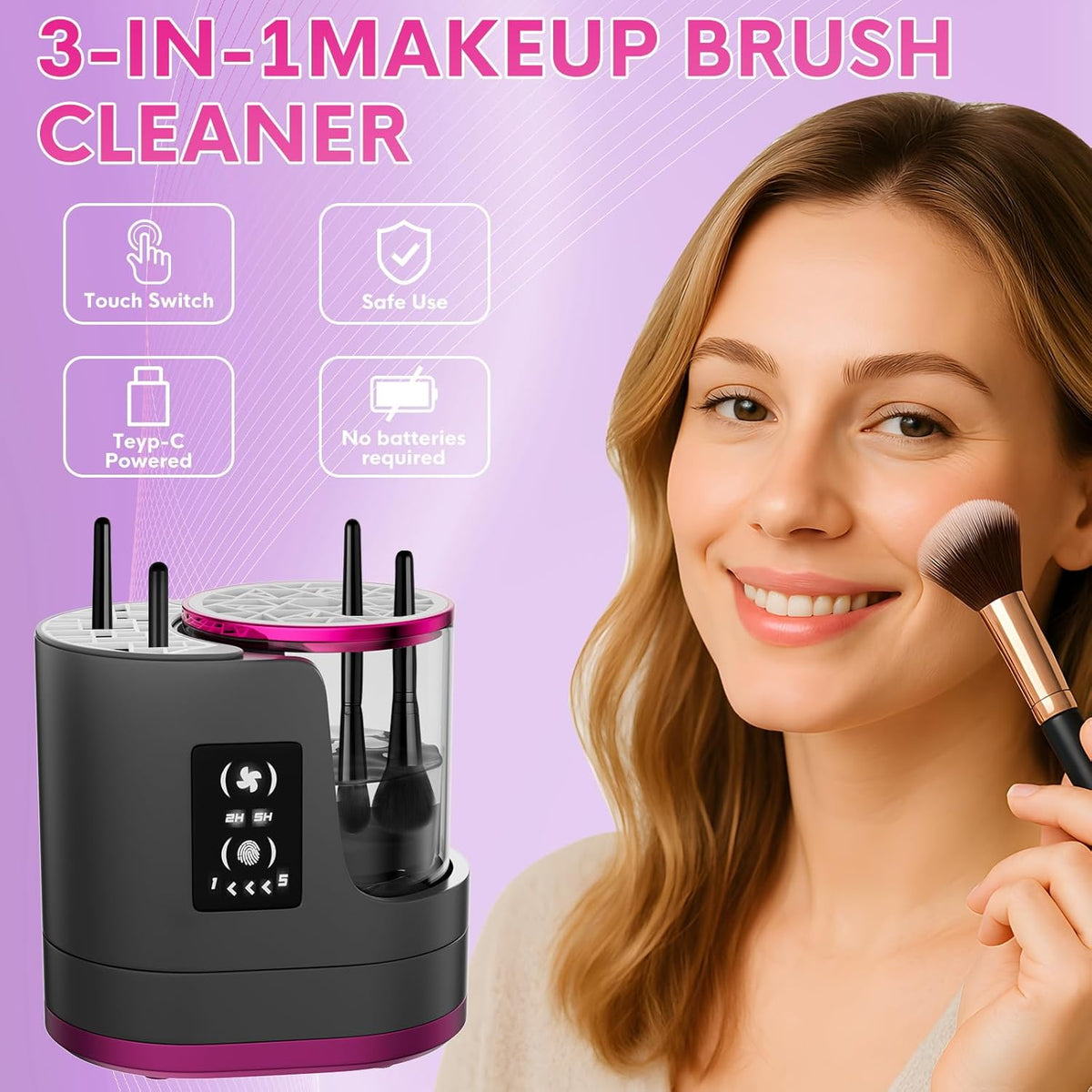 3 IN 1 Electric Makeup Brush Cleaner,Automatic Makeup Brush Cleaner with Makeup Brush Dryer,Portable USB Deep Cleaning for All Size Beauty Makeup Brush Set,Blush Brush (Grey)