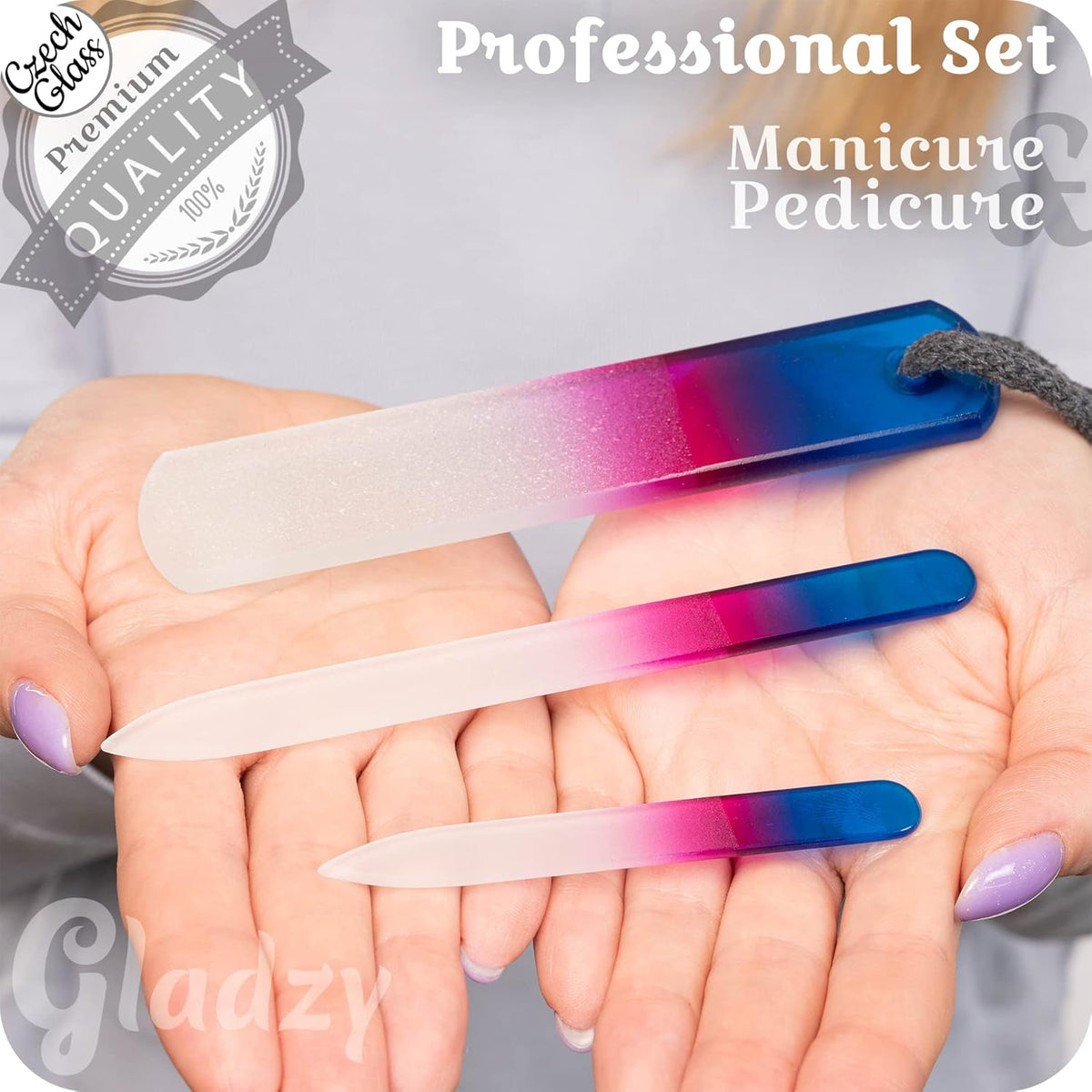 GLADZY Genuine Czech Glass Nail File Set - Callus Remover Foot Rasp, Double Sided Different Grit Surface, Professional Manicure and Pedicure Tools for Natural Nails, Nail Shaper, Ethically Made in EU