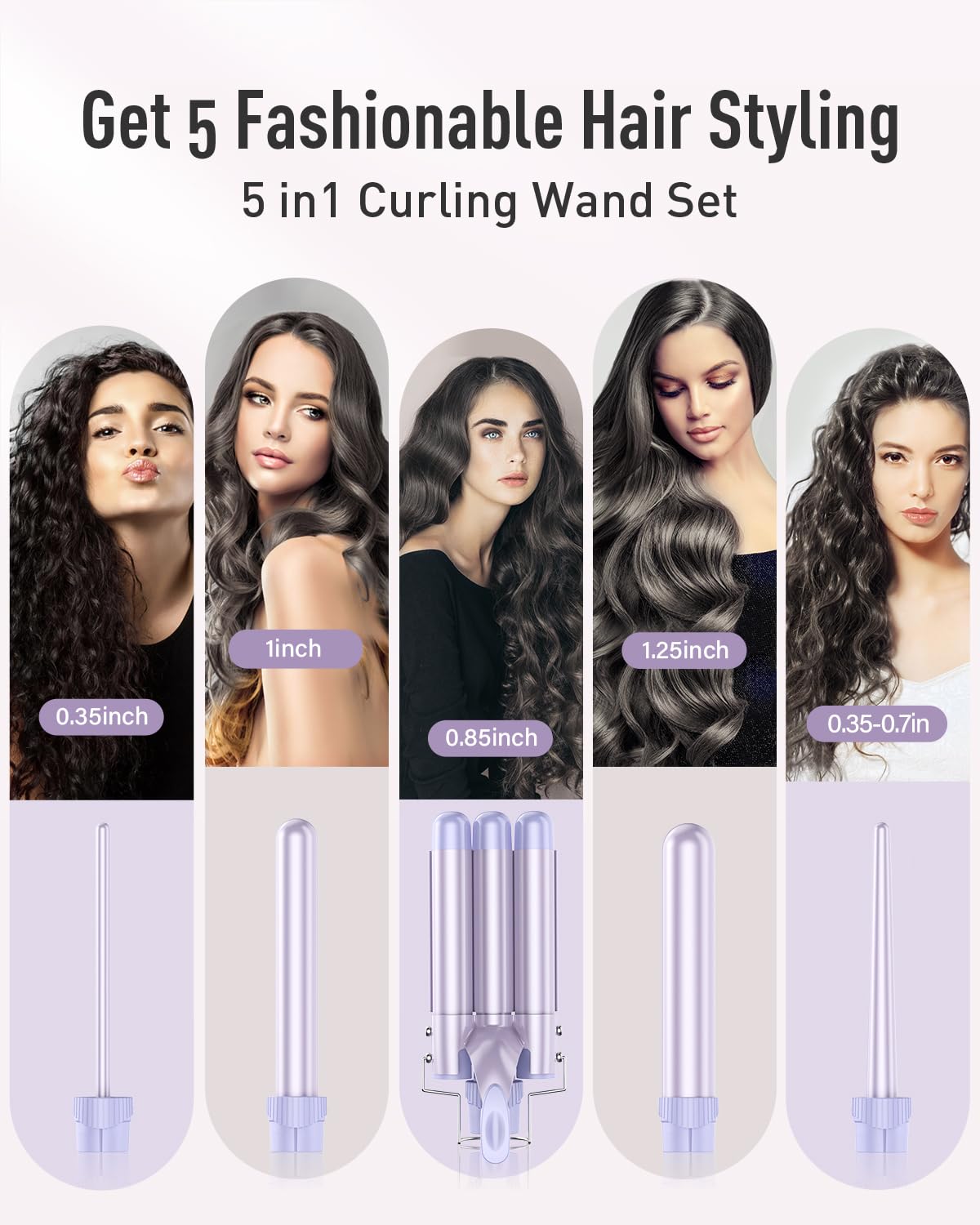 Waver Curling Iron Wand - BESTOPE PRO 5 in 1 Curling Wand Set with 3 Barrel Hair Crimper for Women, Fast Heating Crimper Wand Curler in All Hair Type, Women Gifts - Purple