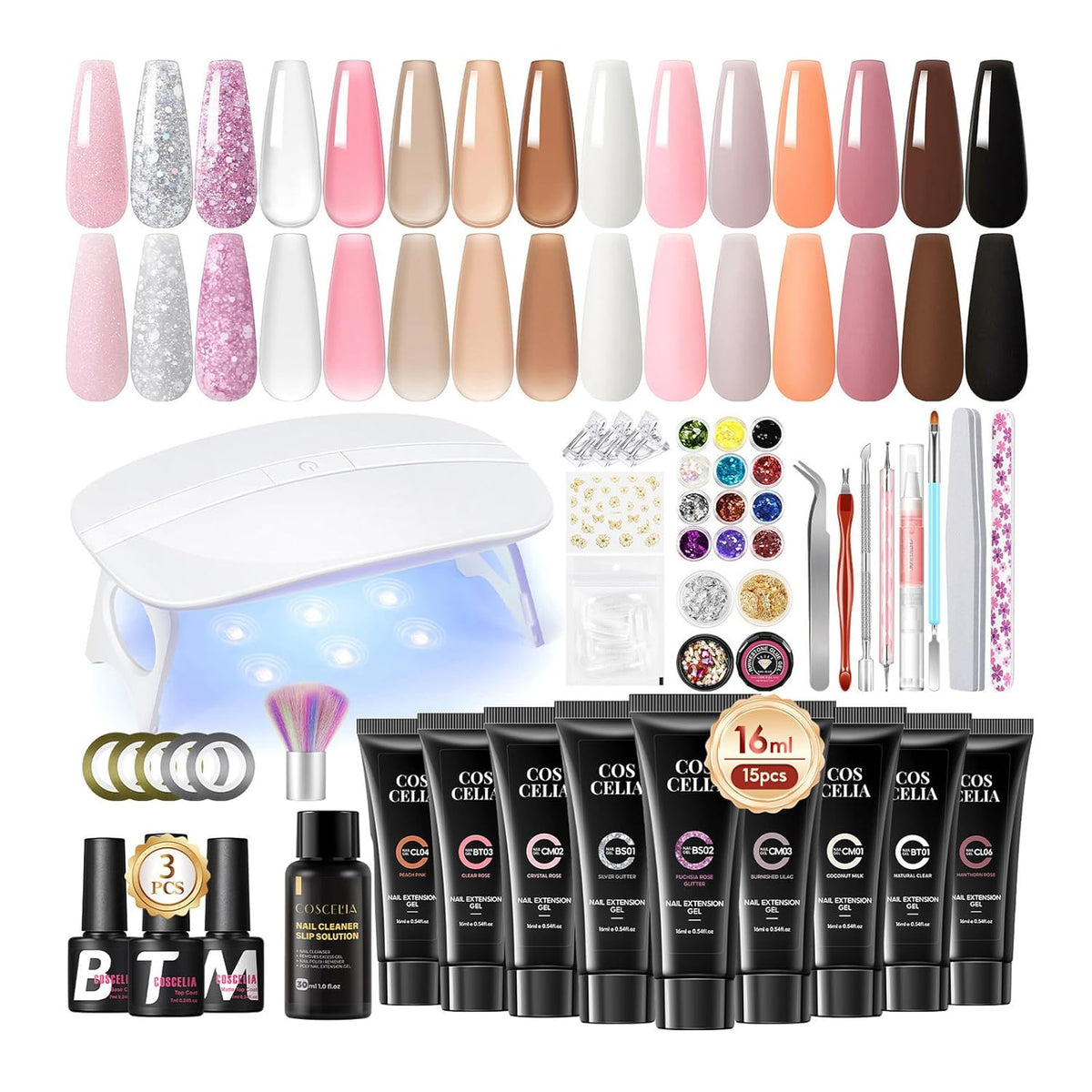 44PC Poly Nail Gel Kit with U V Lamp Starter Kit, 16ML 15 Colors Poly Extension Gel with Light Slip Solution Nail Rhinestones Glitter Decoration Powder Nail Art Kit for Beginners Gifts for Women