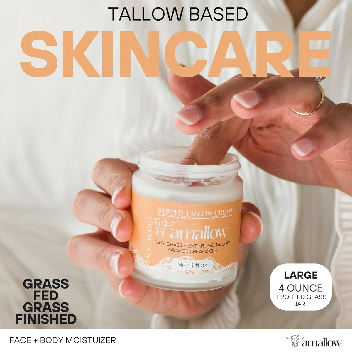 Amallow 100% Grass Fed Beef Tallow for Skin Care - Face + Body - Whipped Moisturizer - Natural Lotion, 4 FL. oz. (Orange Creamsicle)