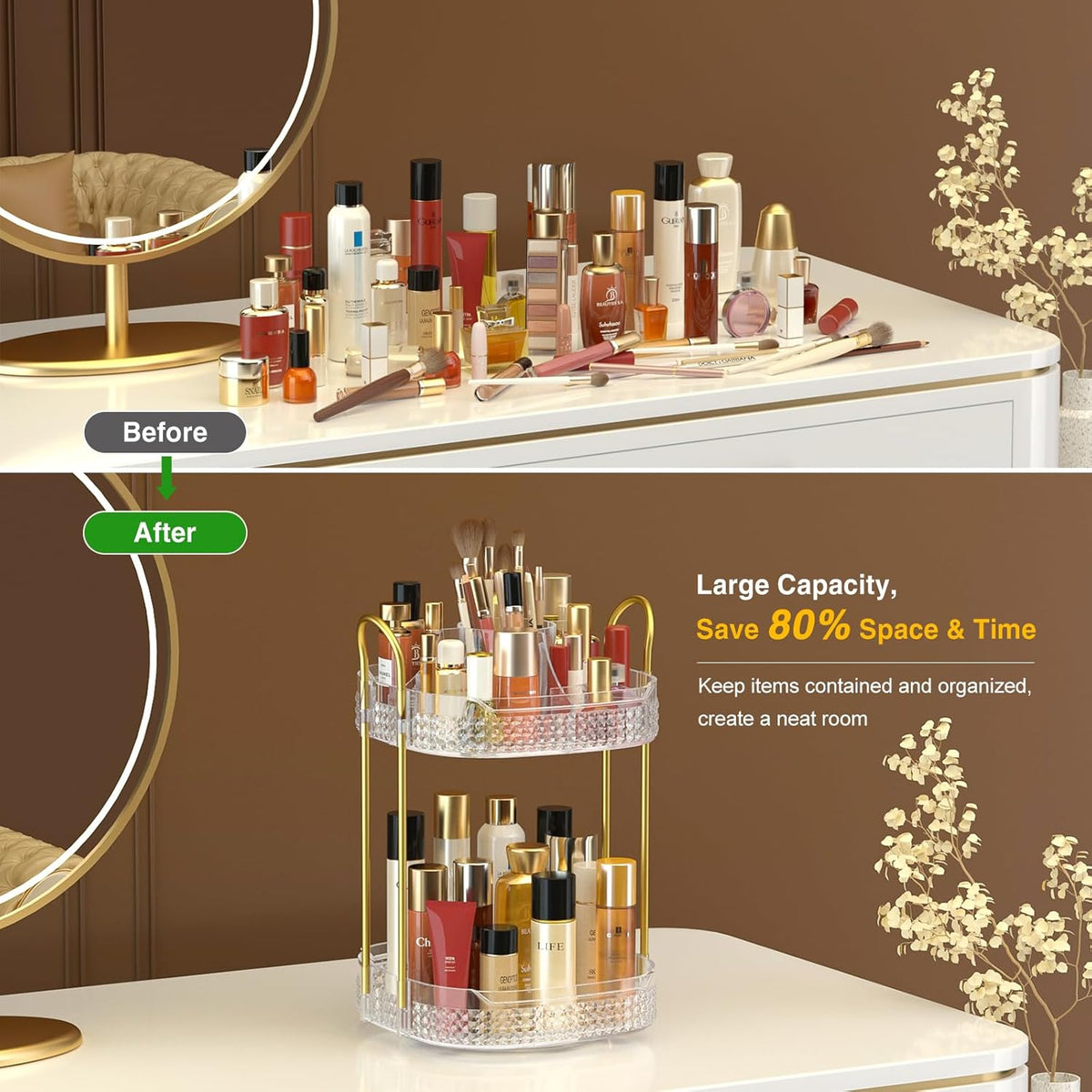 Awenia Rotating Makeup Organizer 360, Stackable Adjustable Large Capacity Cosmetic Storage Unit,Dresser Bathroom Kitchen Countertop Organizer with Metal Handle, Plus Size (Clear, 2 Tier)
