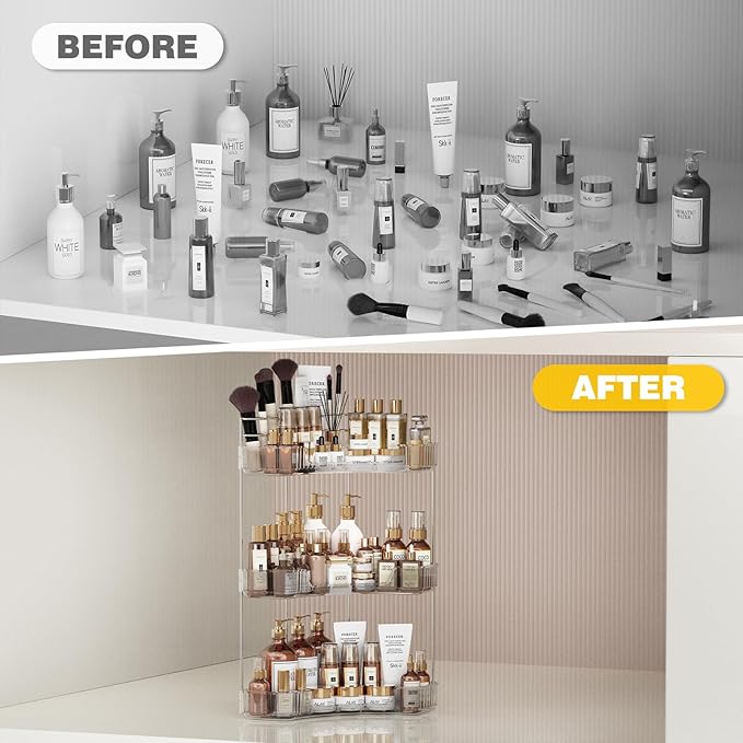 3-Tier Corner Bathroom Counter Organizer with Top Toothbrush Holders,Large Makeup Organizer Countertop with Brush Holder,Skincare Organizers Corner,Exquisite Vanity Organizer (Clear, 3 Tier)