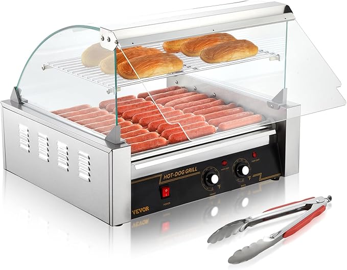 VEVOR Hot Dog Roller, 11 Rollers 30 Hot Dogs Capacity, 1650W Stainless Sausage Grill Cooker Machine with Dual Temp Control Glass Hood Acrylic Cover Bun Warmer Shelf Removable Drip Tray, ETL Certified