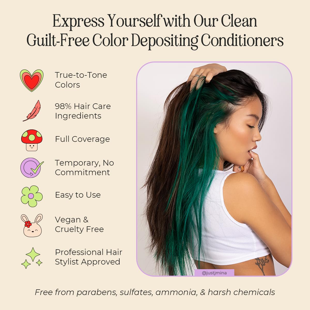 INH Semi Permanent Hair Color | Color Depositing Conditioner | Emerald Green Hair Dye | No Bleach & No Peroxide Temporary Tint for Women & Men | Vegan, Ammonia Free, & Sulfate Free | Ready to Use, 6oz