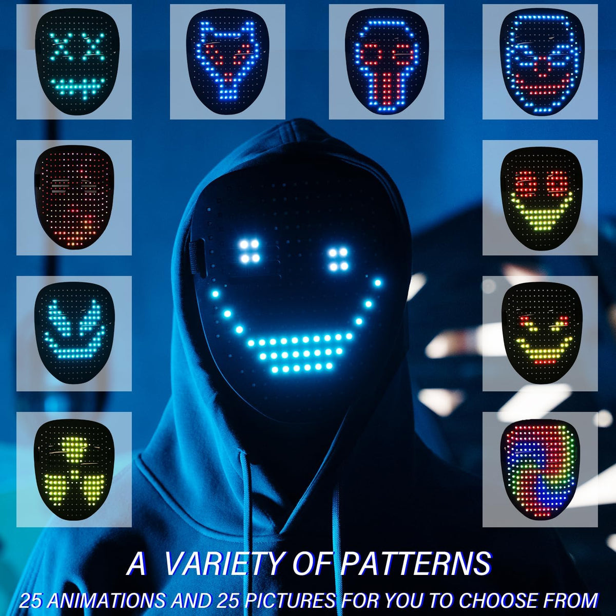 Led Mask with Gesture Sensing, Light up Face Transforming Mask for Halloween Xmas Costume Party