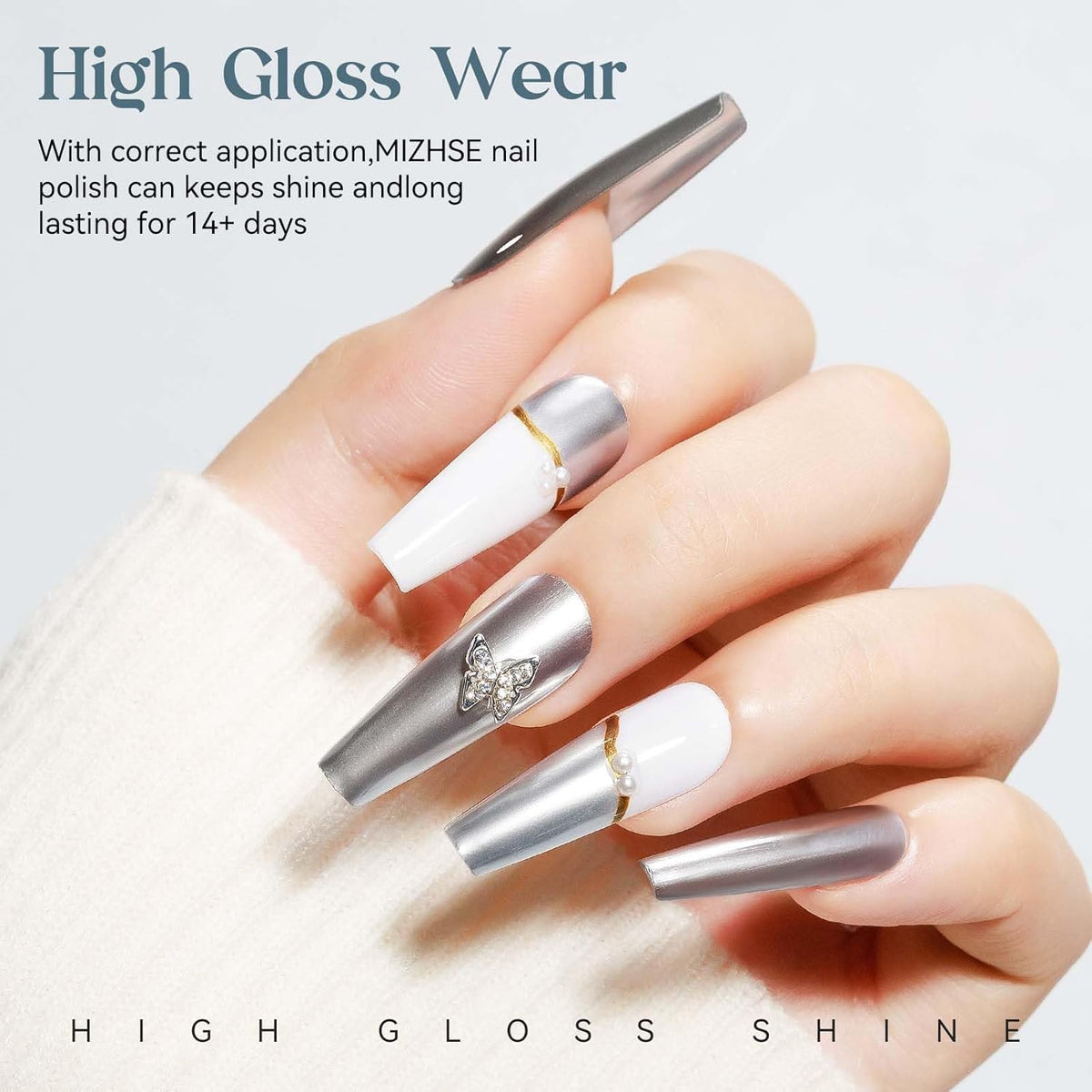 MIZHSE Silver Mirror Nail Polish, Quick Dry Metallic Nail Polish, Air Dry Fast Chrome Nail Lacquer Bright Color Oil-based Nail Art Manicure Home DIY