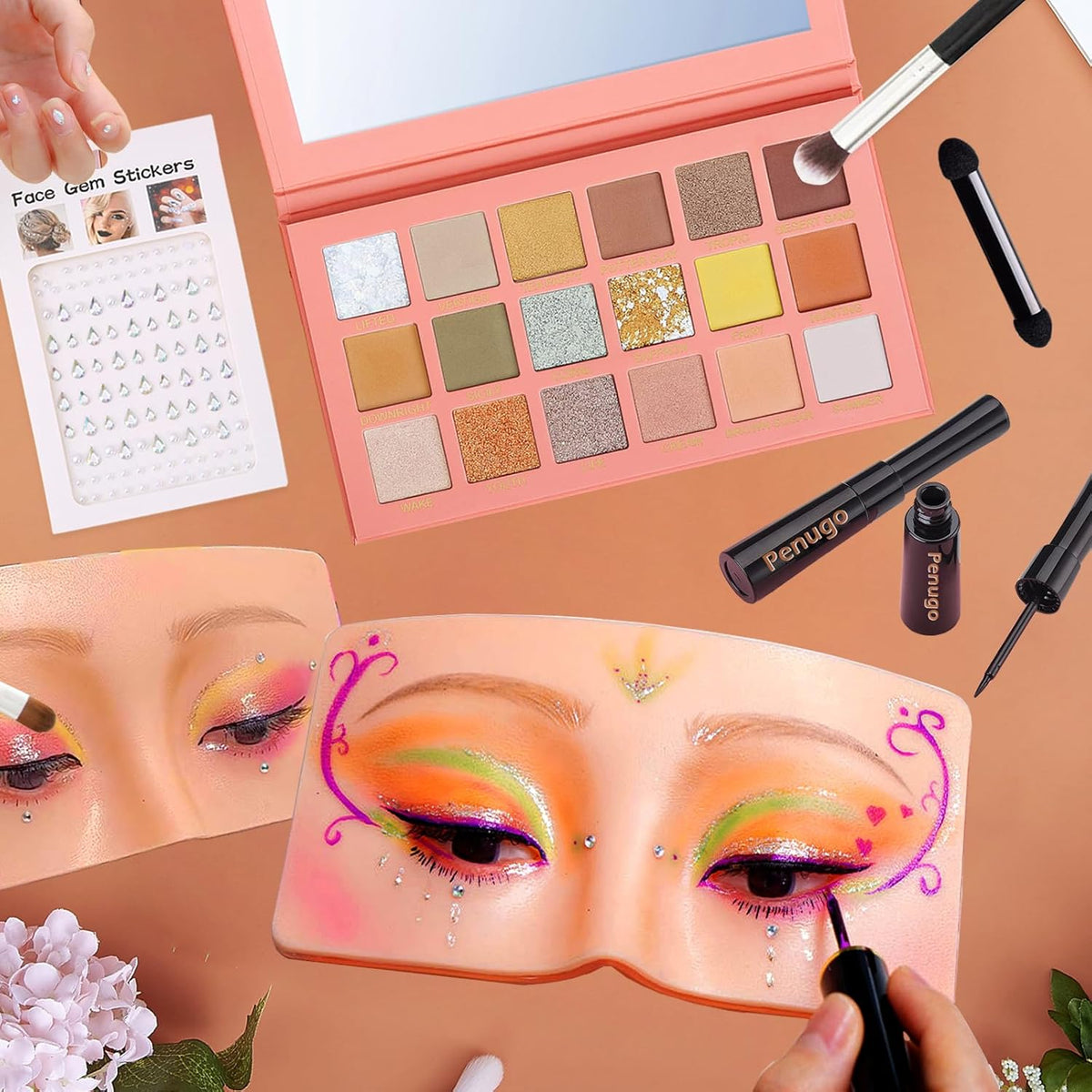 Makeup Practice Face Board, Silicone Makeup Mannequin Face for Makeup Artist Supplies, Mannequin Face for Makeup Practice with Makeup Brushes Rhinestones Sticker(Bright)