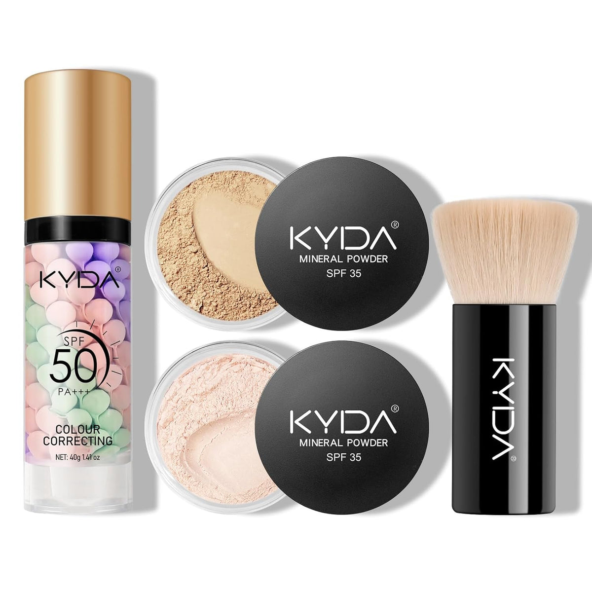 KYDA Mineral Makeup Kit, Includes SPF 50 Color Correcting Primer, SPF 35 Loose Powder Foundation + Translucent Loose Setting Powder, Foundation Brush, Makeup Starter Set, Travel Size - Fair Light