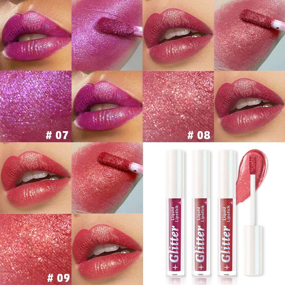 3Pcs Metallic Lipstick for Women,Lightweight Glitter Sparkling Liquid Lipsticks,Shimmer Lip Gloss Stain Long Lasting Waterproof Smudge Proof Non-Drying 24 Hour Full Coverage Lip Makeup,Vegan