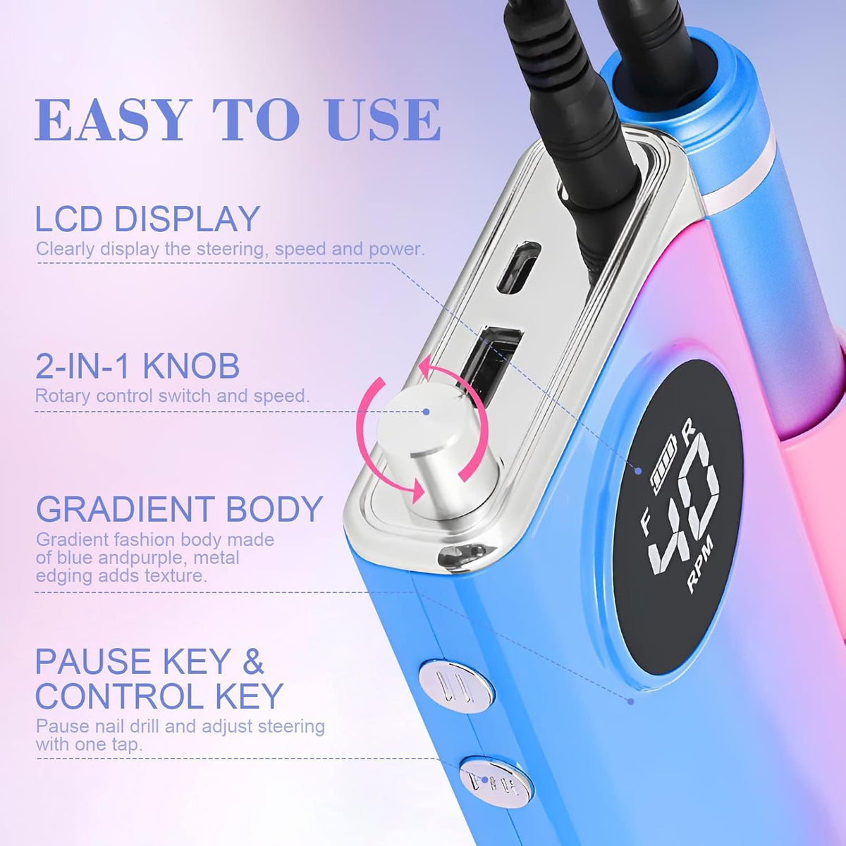 SAVILAND 40000RPM Electric Nail Drill Professional: Electric Nail File Portable Nail Drill with Acrylic Nail Kit 12 Drill Bit Nail Supplies Efile for 10s Fast Drill para Uñas Profesional Remove Salon