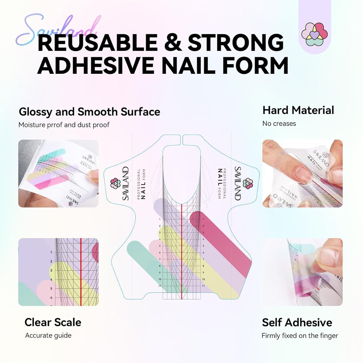 SAVILAND Plus Nail Forms: Reusable Sticky Nail Form for Builder Gel Super Adhesive Nail Extension Forms for Acrylic Nails with Precise Length Guide for Nail Art