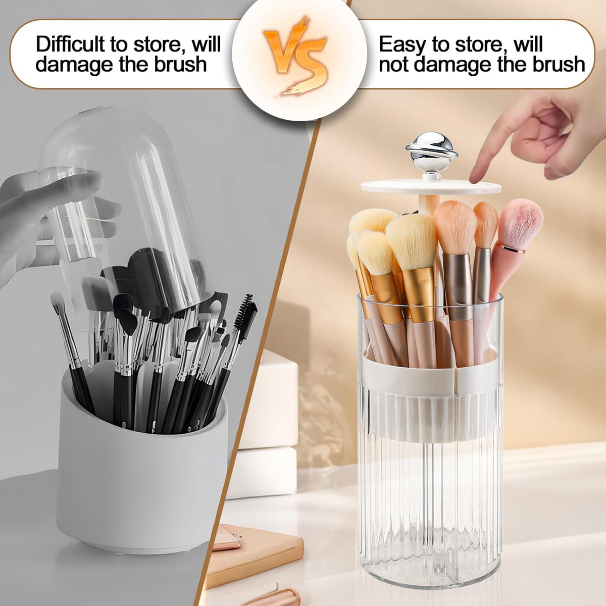 DASITON Makeup Brush Holder with Lid, Automatic Lifting Makeup Organizer for Vanity, 4 Slots Clear Makeup Brush Organizer, Dustproof Cosmetic Brushes Storage for Bathroom, Desktop, Office (Cream)