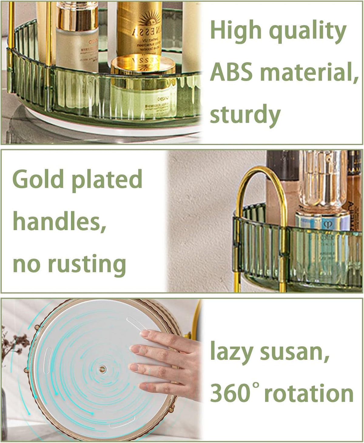Rotating Makeup Organizer for Vanity, High-Capacity Skincare Clear Make Up Storage Perfume Organizers Cosmetic Dresser Organizer Countertop 360 Spinning (Green, 3 Tier)