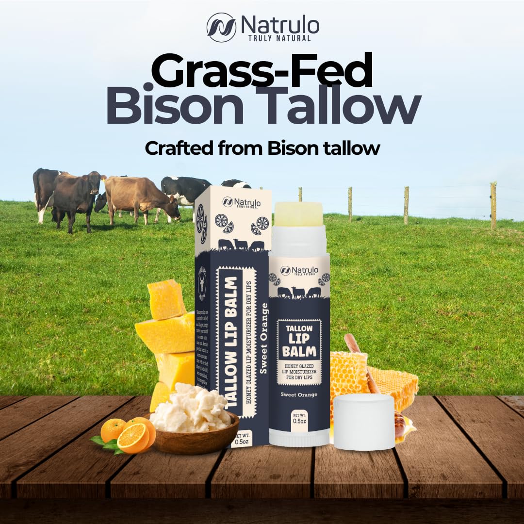 Beef Tallow Lip Balm – Natural Tallow Beeswax Chapstick – Hydrating Moisturizer Grass Fed Tallow Balm Lip Care – Soothes Chapped, Dry Lips, Sensitive Skin – Long Lasting Vitamin Rich USA-Made Orange