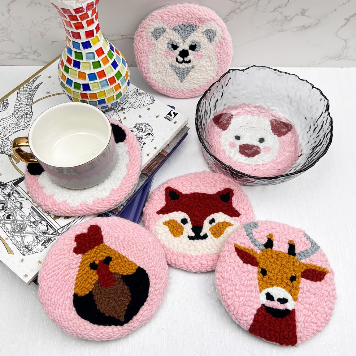 Punch Needle Kit for Adults Beginners, 6-Piece Cute Animal Punch Coaster Starter Kit – Easy Embroidery Stitch Craft Set with Instructions – Fun Needle Point Tufting for Table Decor & Festival Gifts