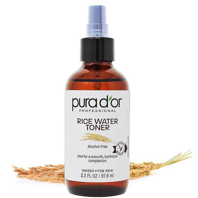 PURA D'OR 3.3 Oz Rice Water Facial Toner - Hydrating, Balancing & Soothing Formula with Natural Extracts - Skin Texture Support for Radiant Skin - Alcohol-Free - Travel Size