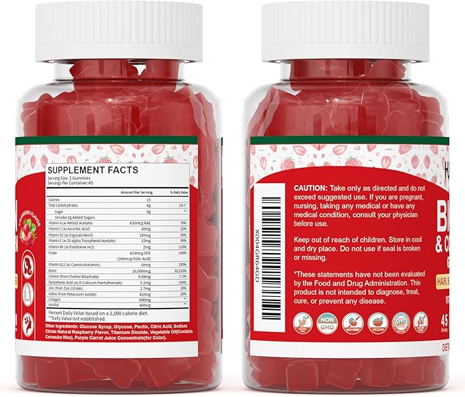 Hair Skin and Nails Gummies, 10000mcg Biotin Collagen Gummies for Women & Men, Vitamin Supplements Supports Faster Hair Growth, Stronger Nails, Healthy Skin, Strength Bone, 90 Gummies