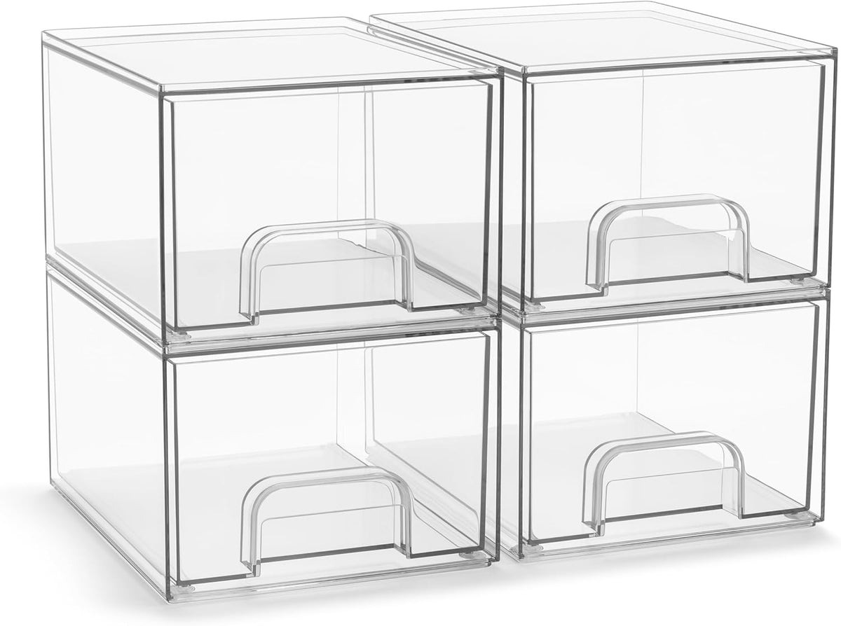 Sorbus Acrylic Storage Containers - 4 Pack, Stackable Storage Bins Set for Bathroom Organization - Clear Acrylic Drawer Organizers - Makeup Case Pull-Out Drawers (4.4’’ Tall)